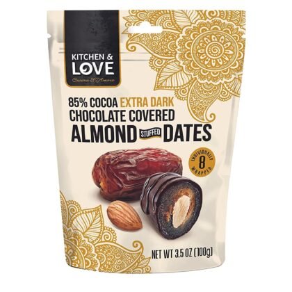 Kitchen & Love Chocolate Covered Almond Stuffed Dates in a Convenient Resealable Pouch, 8 Individually Wrapped Pieces, 85% Extra Dark Chocolate, Healthy Snack, 3.5 oz, Pack of 1