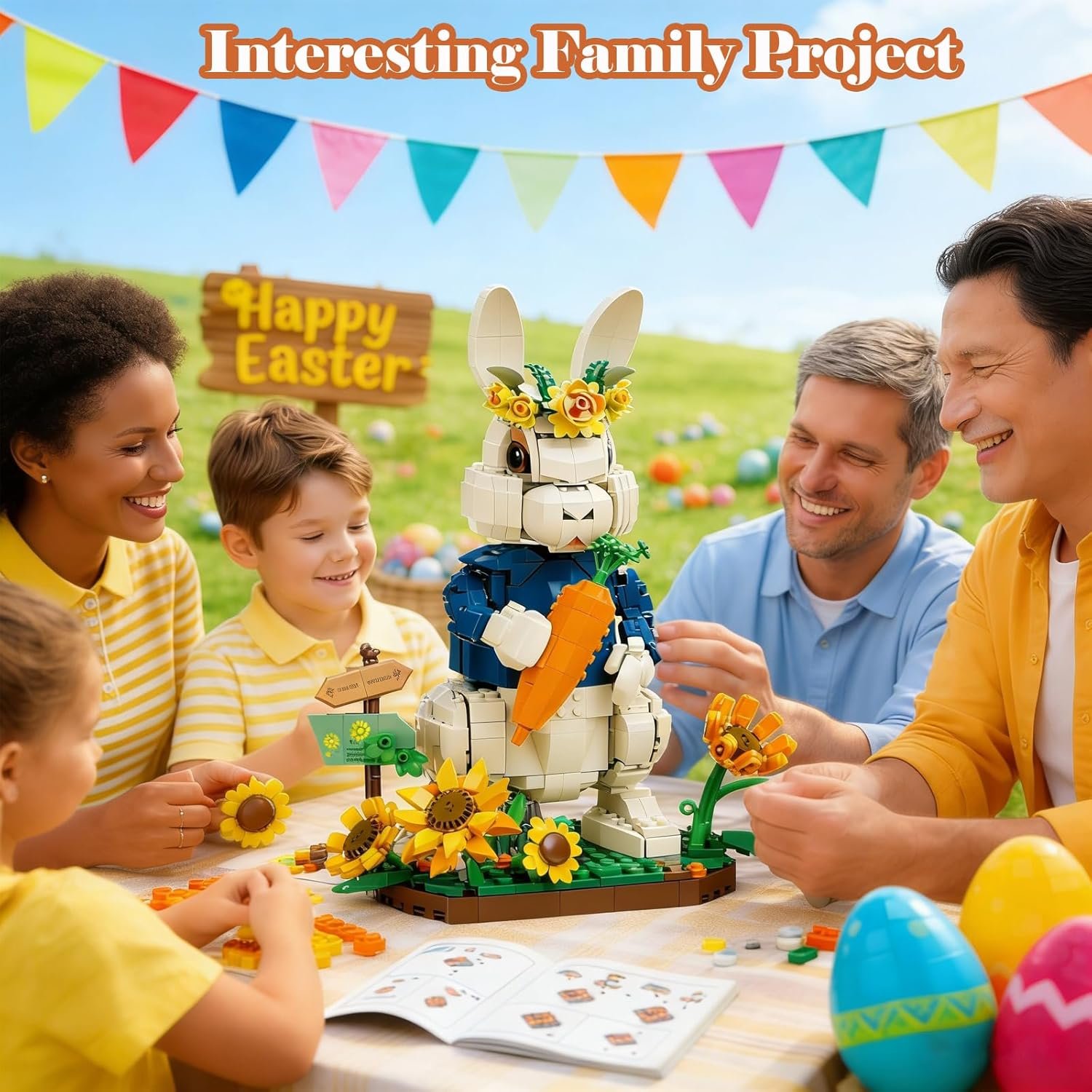 Easter Bunny Building Set with Carrot & Sunflower Base, 1258 PCS Bricks Blocks Rabbit Model Compatible with Lego Easter, Creative Easter Gift for Kids and Adults - Image 3
