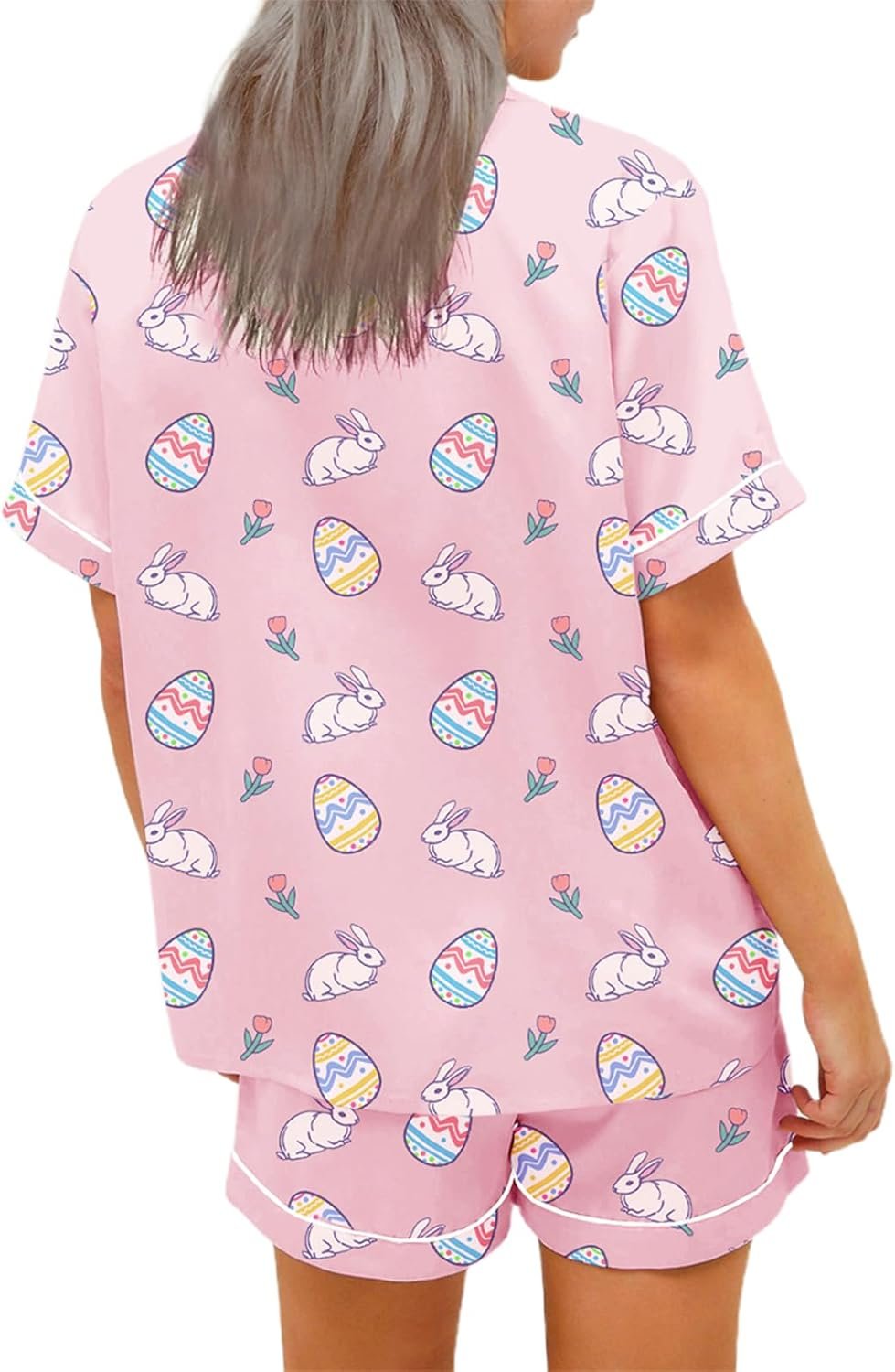 Women 2 Piece Pajama Sets Easter Egg Bunny Shorts Set Short Sleeve Button Shirt Shorts Two-Piece Holiday Outfit - Image 2