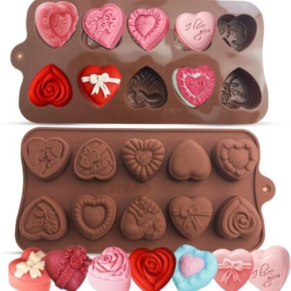 2PCS Heart Chocolate Molds, 10-Design Love Rose Silicone Molds, Non-Stick Baking Molds for DIY Chocolate, Candy, Gummy, Ice Cubes