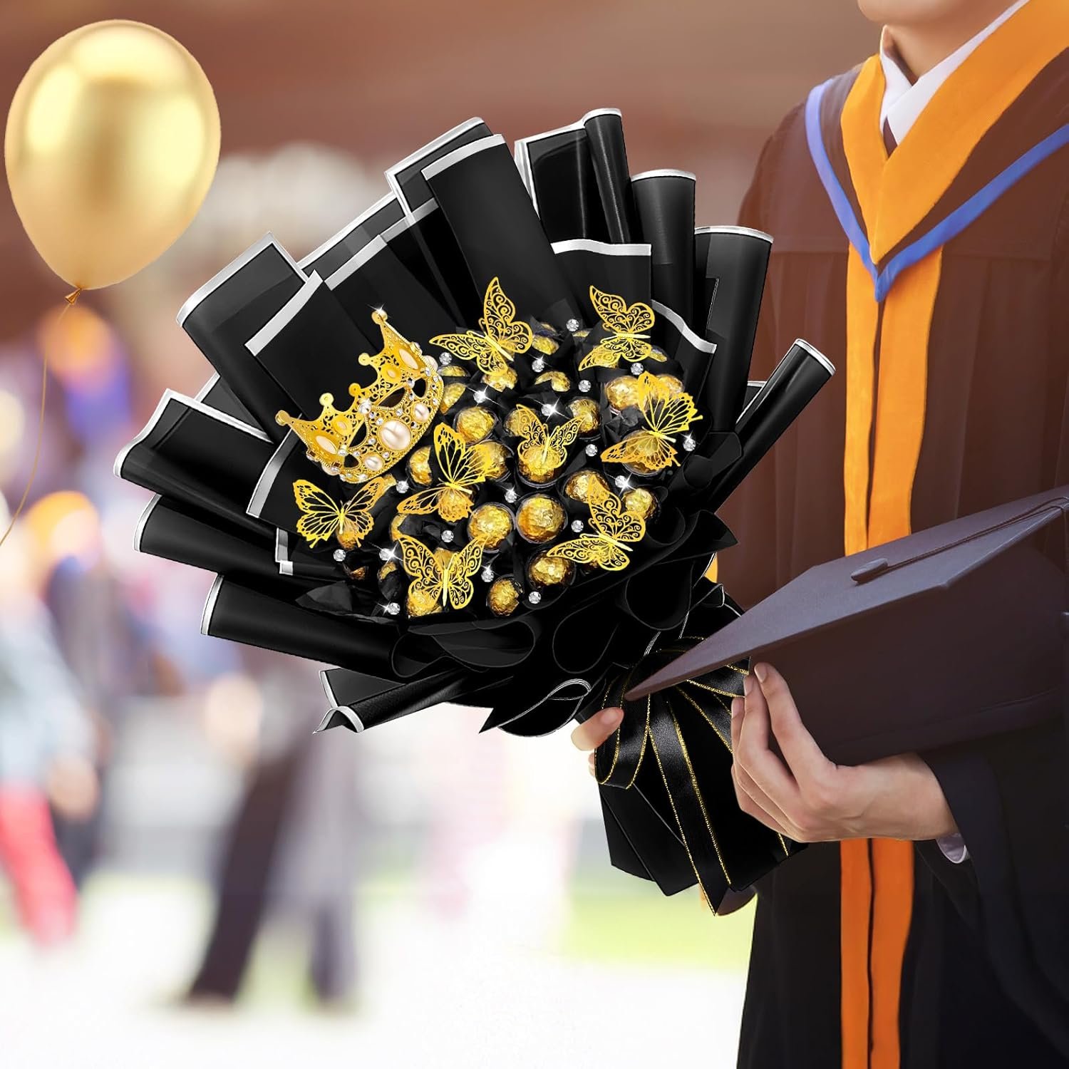109 Graduation DIY Chocolate Flower Bouquet Kit 2026 Candy Rose Clear Acrylic Lollipop Ball Holder Floral Wrapping Paper 3D Gold Butterfly Crown Ribbon Grad Gift(Black and Silver) - Image 4