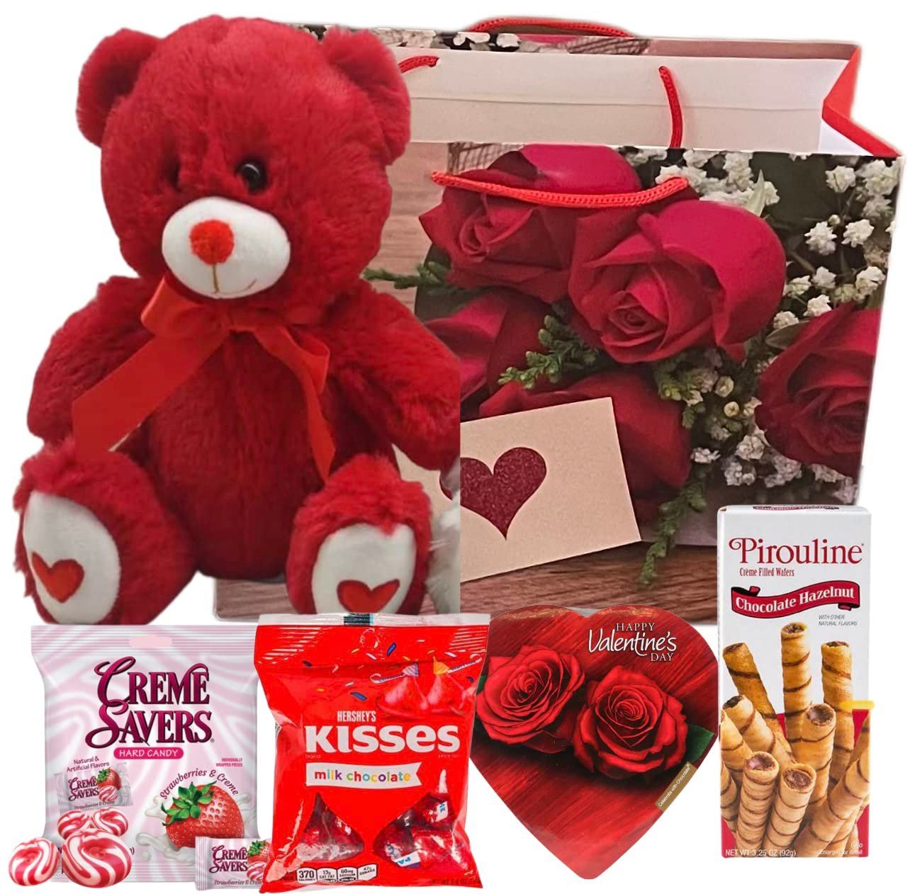 Valentines Day Gift Basket Set | Teddy Bear Plush (COLOR VARYS), Creme Savers Hard Candy, Individually Wrapped, Hershey Kisses Milk Chocolate, Heart Shape Elmer Chocolates Dark Chocolate or Hazelnut Pirouline Wafers, & Valentine Bag (Design Varies | - Image 4