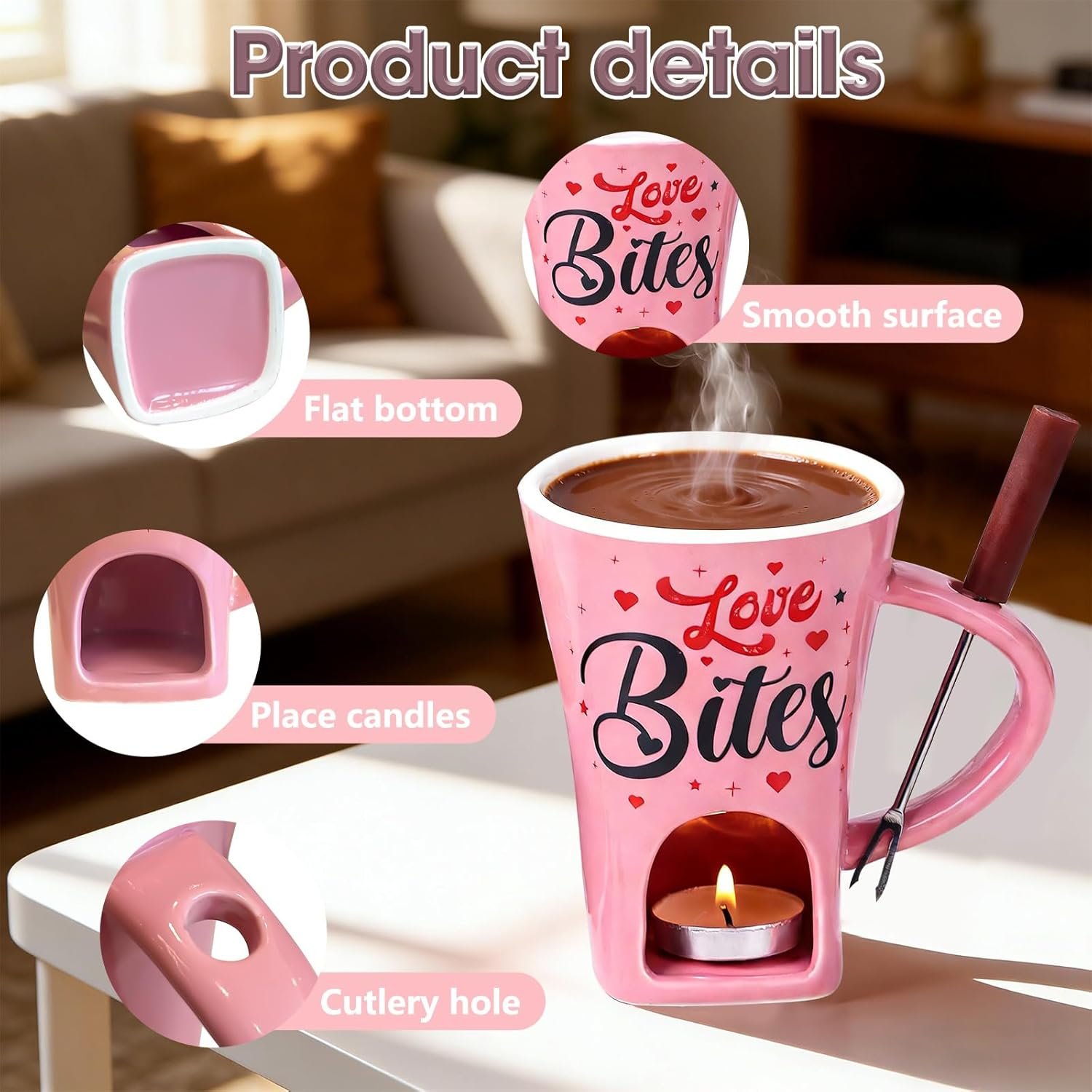 Chocolate Fondue Gift Set - Ceramic Mug with Fork & 2 Tealights for Melting Chocolate, Cheese, Candy | Valentine‘s, Birthday Present, Anniversary Gift for Date Night (Pink) - Image 3