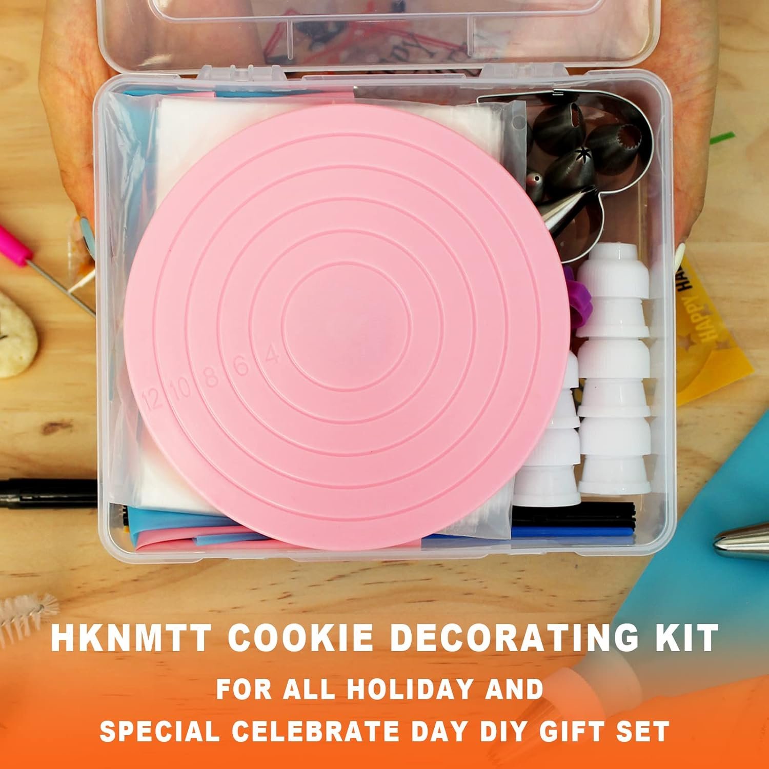 Cookie Decorating Supplies Kit 82Pcs With Storage Box, Sugar Cookies Turntable Set With 6 Piping Tips and Bags, Scribe Needle, Brush, Ideal Beginner Decorator Lover Kids Gift Valentine Halloween - Image 7