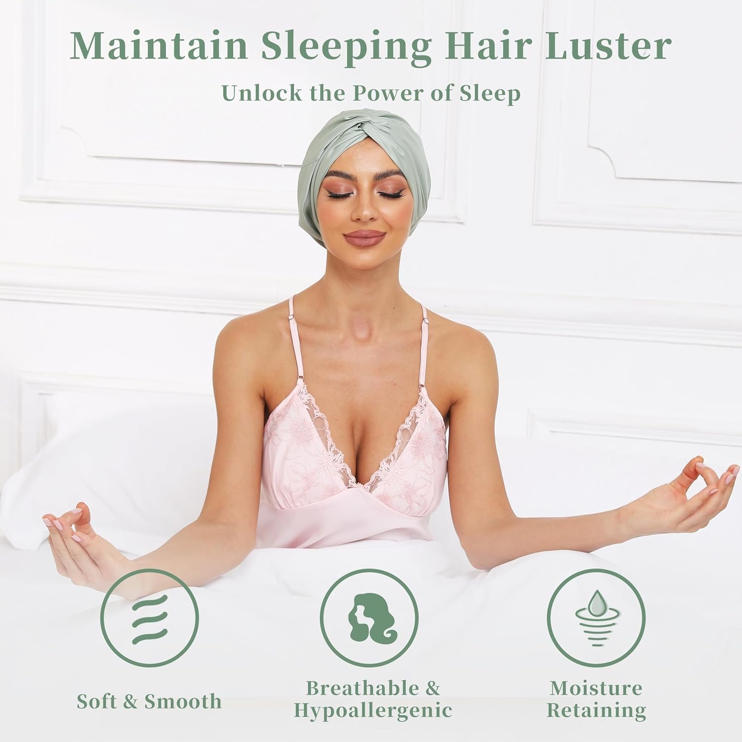 Adjustable Silk Satin Bonnet for Sleeping Hair Wrap, Double Layer Sleep Cap, Night Turban for Large Long Curly Braid Women Men Hair - Matcha Green - Image 3