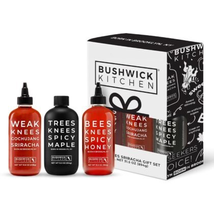 Bushwick Kitchen Spicy Sampler Gift Box, Set Includes our Gochujang Sriracha, Spicy Maple Syrup, and Spicy Honey Hot Sauces, 5 Recipes, Chile Pepper Dish Towel, and Bushwick Kitchen Gift Box