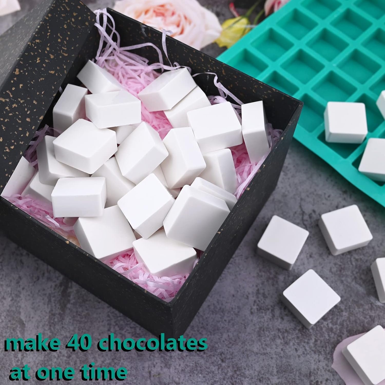 Sakolla Square Chocolate Mold, 40 Cavities Silicone Cube Mold for Chocolate, Candy, Caramel, Ice Cubes, Ganache, Gummy - Image 4