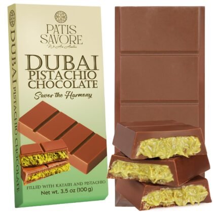 Patis Savore Dubai Chocolate Bar Pistachio - 3.5 oz Dessert with Pistachio Cream & Kataifi Filling | Gourmet Chocolate | Elegant Gift