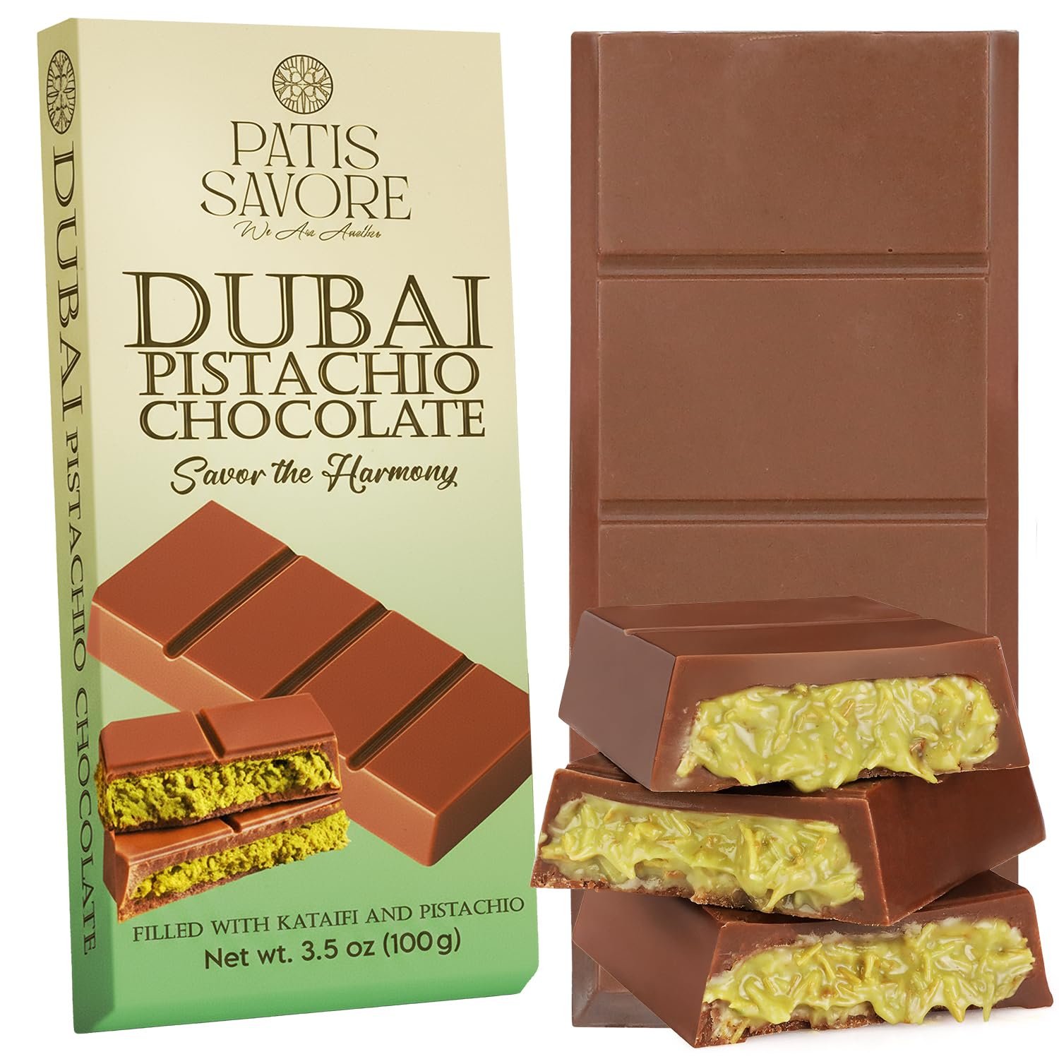 Patis Savore Dubai Chocolate Bar Pistachio - 3.5 oz Dessert with Pistachio Cream & Kataifi Filling | Gourmet Chocolate | Elegant Gift