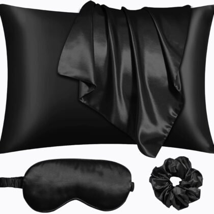 Black Satin Pillowcase for Hair and Skin, Vegan Silk Pillowcase Set-2 Satin Pillowcases, 1 Eye Mask, 1 Scrunchie-Luxury Sleep Set, Silky Standard Satin Pillow Cases with Envelope Closure
