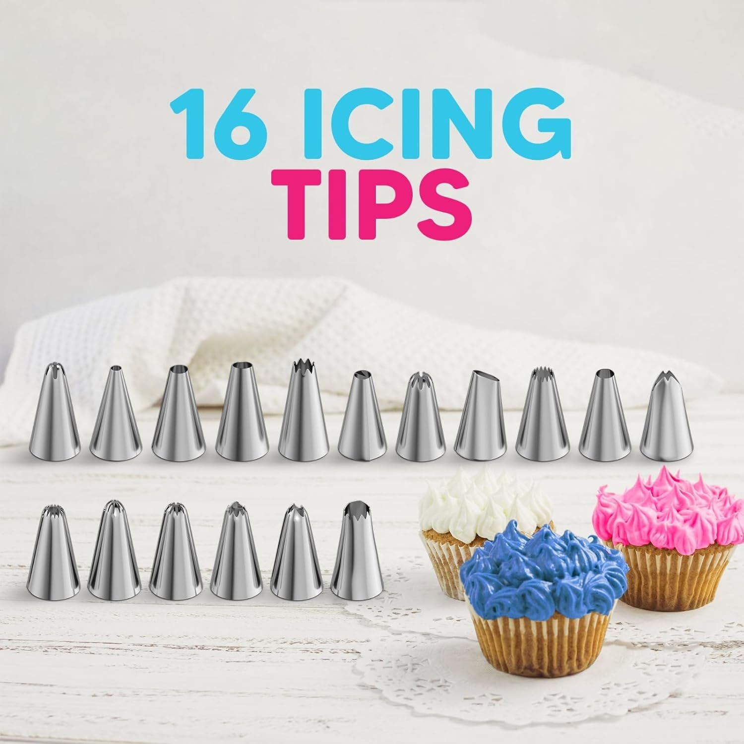 Riccle Piping Bags and Tips Set, 11.8 Inch 100 Anti Burst Piping Bags, 124 Pcs Cake Decorating Kit with 16 Piping Tips, 1 Reusable Pastry Bags, 3 Cake Scrapers, 2 Couplers, and 2 Icing Bags Ties - Image 2
