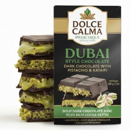 Dolce Calma Dubai Chocolate Bar Dark (200g / 7oz) – Viral Authentic Handmade Belgian Chocolate with Turkish Pistachio & Crispy Kataifi, Premium Quality Candy, Luxury Cream Kunafa Filling, No Palm Oil