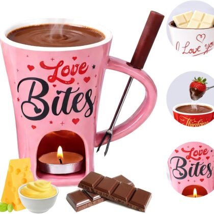 Chocolate Fondue Gift Set - Ceramic Mug with Fork & 2 Tealights for Melting Chocolate, Cheese, Candy | Valentine‘s, Birthday Present, Anniversary Gift for Date Night (Pink)