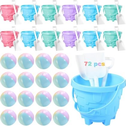 72 Pcs Beach Toys for Kids 24 Set Sand Buckets Shovels Bulk Pastel Beach Balls Inflatable Sand Toys for Girls Boys Toddlers Games Birthday Summer Pool Party Favor (Macaron, Castle)