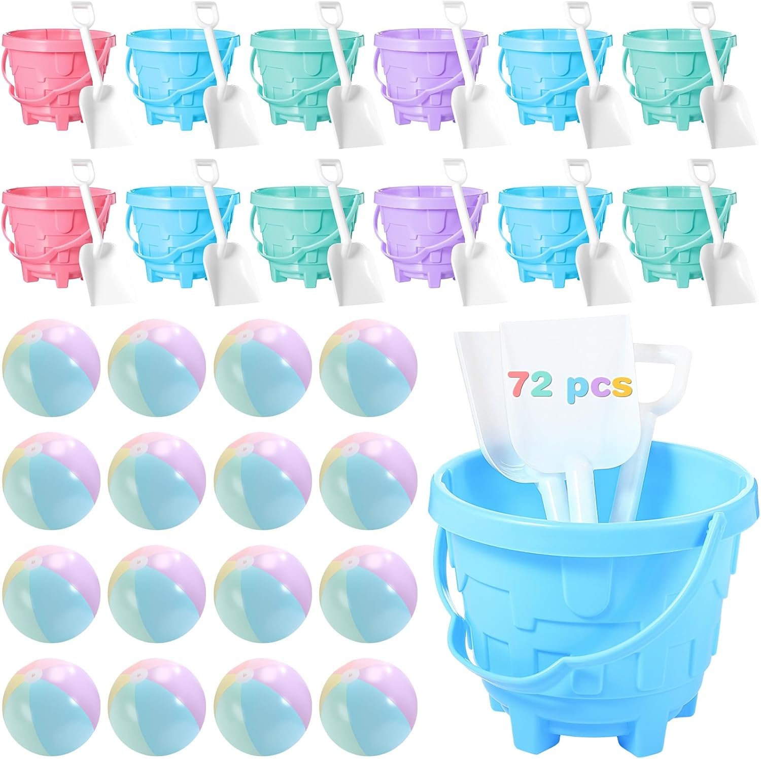 72 Pcs Beach Toys for Kids 24 Set Sand Buckets Shovels Bulk Pastel Beach Balls Inflatable Sand Toys for Girls Boys Toddlers Games Birthday Summer Pool Party Favor (Macaron, Castle)