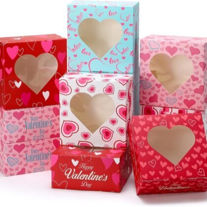 30 Pack Small Valentine's Day Cookie Boxes, 6x6x3 inches Cupcake Containers Valentines Bakery Treat Boxes with Heart Window for Cupcakes Donuts Cookie Chocolates Strawberries