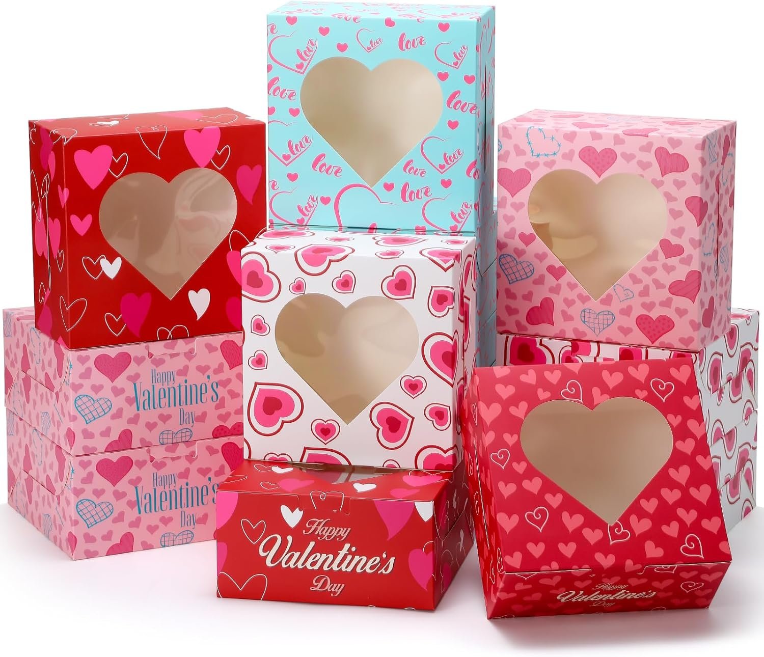 30 Pack Small Valentine's Day Cookie Boxes, 6x6x3 inches Cupcake Containers Valentines Bakery Treat Boxes with Heart Window for Cupcakes Donuts Cookie Chocolates Strawberries
