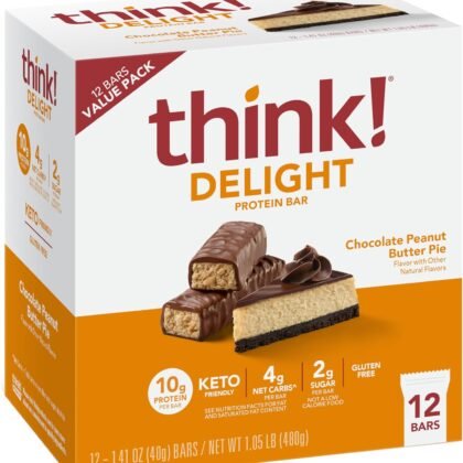 think! Delight Protein Bars, Chocolate Peanut Butter Pie, Low Sugar & Low Carb Gluten-Free Snack, Keto Friendly Snacks, 12 Count (Packaging May Vary)