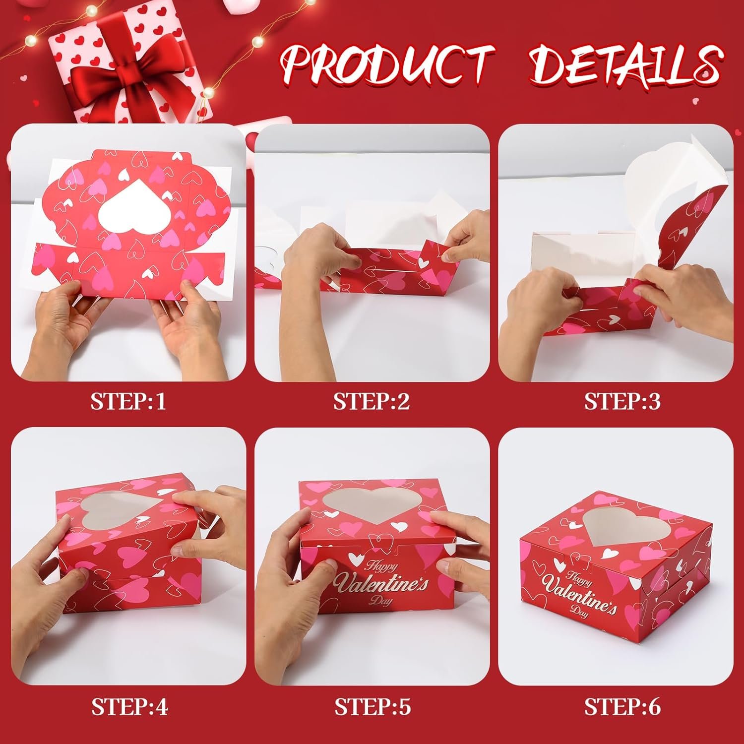 30 Pack Small Valentine's Day Cookie Boxes, 6x6x3 inches Cupcake Containers Valentines Bakery Treat Boxes with Heart Window for Cupcakes Donuts Cookie Chocolates Strawberries - Image 6