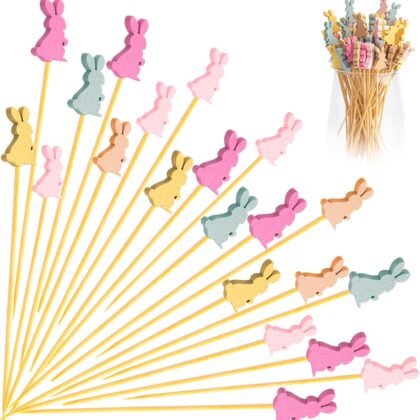 100 Pack Easter Cocktail Picks, Bunny Toothpicks for Appetizers, 4.7 Inch Rabbit Natural Bamboo Wooden Charcuterie Boards Accessories for Skewers Drink Stirrers Fancy Party Decorations Food Picks