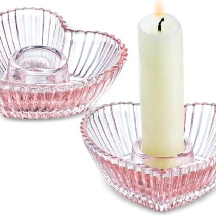 3'' Pink Glass Candlestick Holders, Set of 2 Heart Shaped Candle Holders for Christmas, Wedding, Party, Decoration and Dining