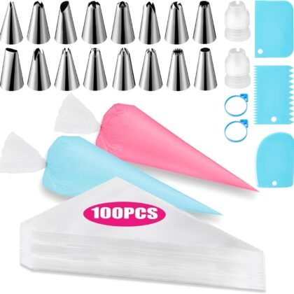 Piping Bags and Tips Set, Cakes Decorating Supplies Kit with 100pcs 12 Inch Pastry Bags, 16 Piping Tips, 3 Cake Scraper, 2 Couplers, 2 Bag Ties, Simple and Convenient Baking Supplies Set