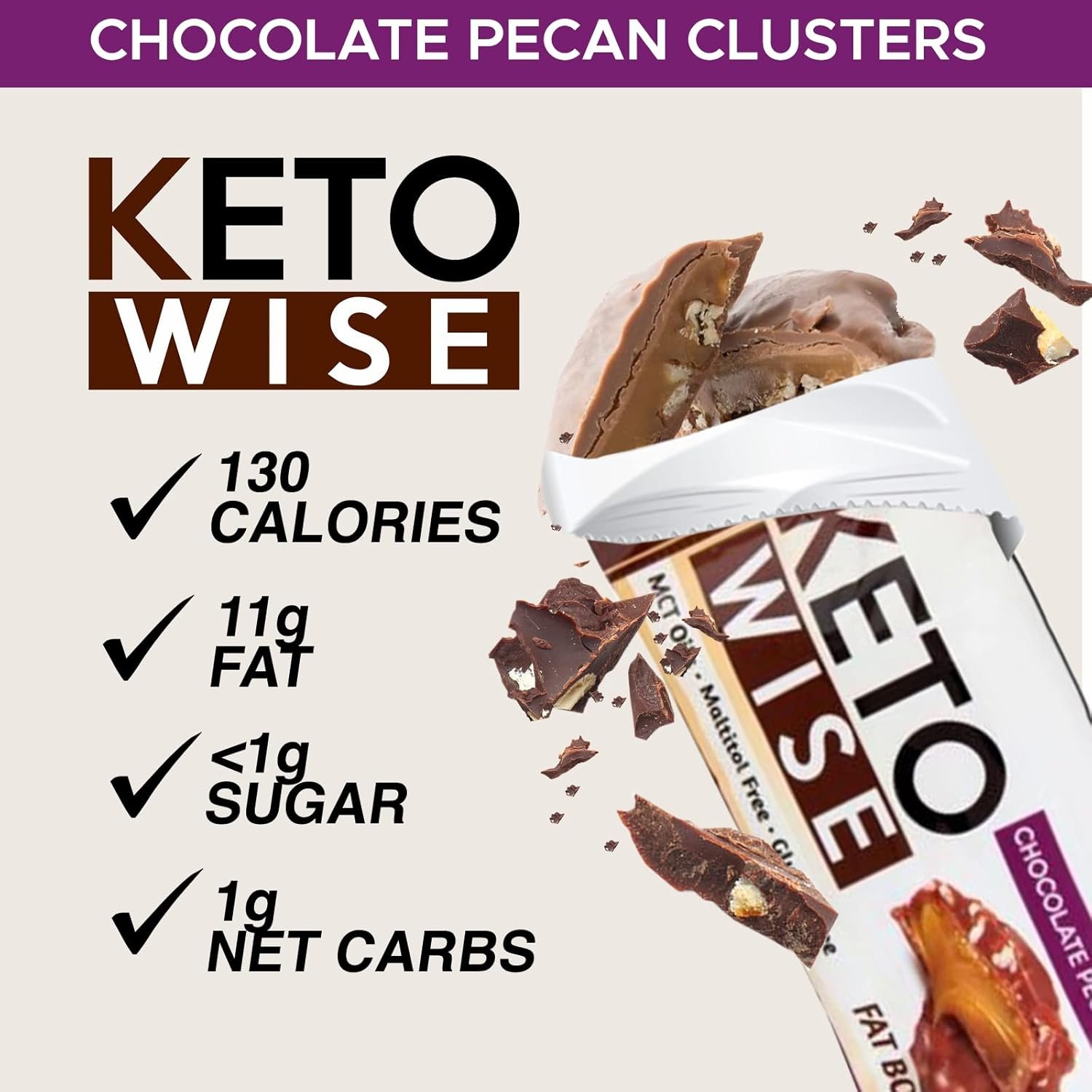 Keto Wise Fat Bombs - Chocolate Pecan Clusters - 16 packs 32g each - Image 5