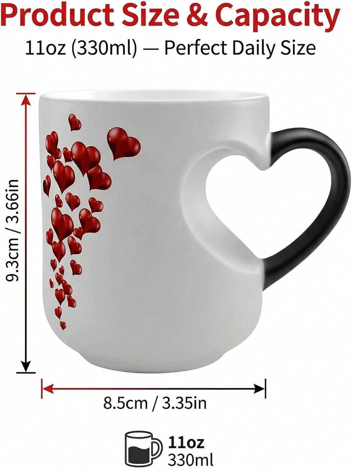 Heart-Shaped Color Changing Magic Ceramic Mug - 11oz Magic Heart Shape Changing Mugs with Dual-Side Heart Print, Romantic Heart Coffee Mug with Spoon, Romantic Surprise Gift (1PCS) - Image 7