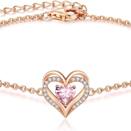 CDE Love Heart Bracelets for Women, 925 Sterling Silver with Birthstone Zirconia, Birthday Anniversary Charm Link Chain Bracelet Jewelry Gift for Wife Girlfriend Her