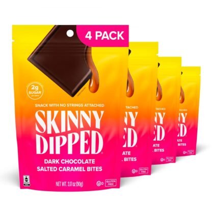 SkinnyDipped Dark Chocolate Salted Caramel Bites, 2g Sugar per Piece, Keto Friendly, Low Calorie Gluten Free, 4 Pack
