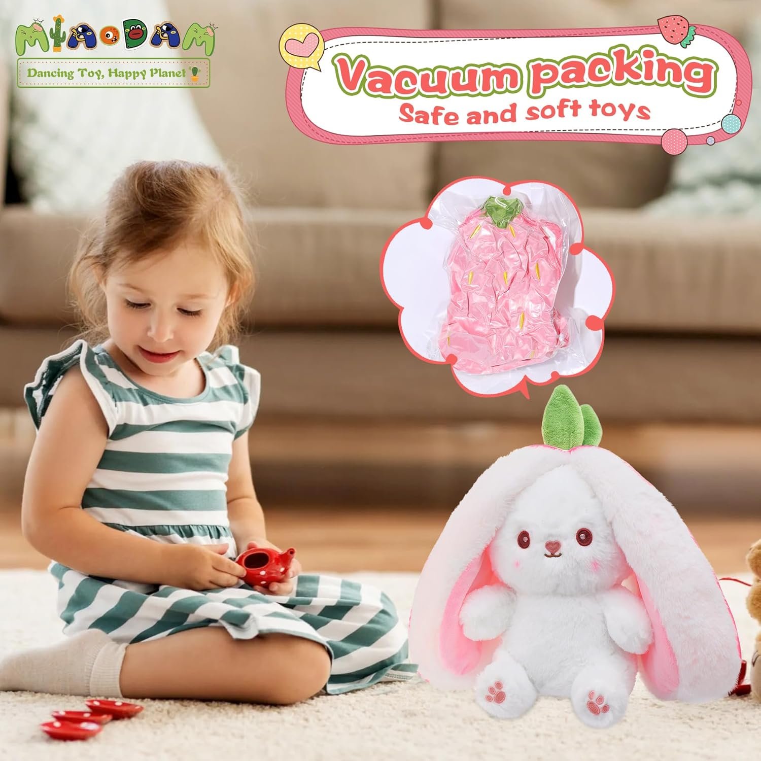 MIAODAM Easter Bunny Stuffed Animal, Carrot and Strawberry Bunny Plush Turn Into Rabbit Fruit Doll, Plushies Funny Bunny Toy for Baby (Strawberry Rabbit, 10inch) - Image 8