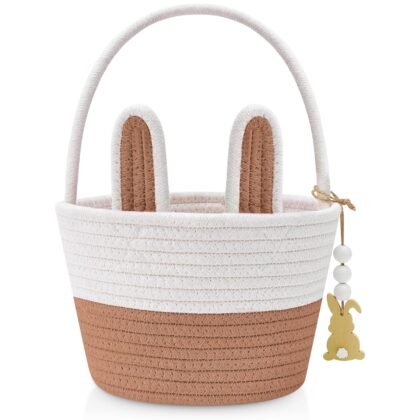 Easter Baskets for Kids, Small Bunny Personalized Easter Basket Empty with Handle, Basket Name Tags, Woven Rope Baby Easter Egg Baskets for Babies Girls Boys Toddler Infant, 8.7" x 6.9" x 6.3"
