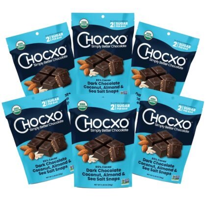 Chocxo Dark Chocolate Coconut Almond & Sea Salt Snaps - Low in Sugar, Organic 85% Cacao, Non-GMO, Keto Certified, Gluten Free & Kosher. No Artificial Sweeteners or Sugar Alcohols, 3.45 oz (Pack of 6)