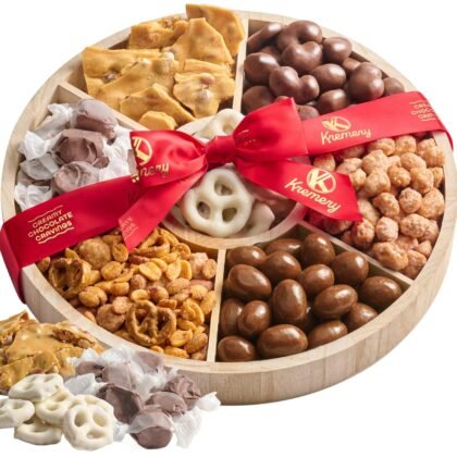 KREMERY Creamy Chocolate Cravings - Easter Chocolate Covered Pretzels, Nuts & Candy Gift Basket (7 Assortments) Ramadan Gifts Sweet Treats in Reusable Round Wooden Tray Ribbon Kosher