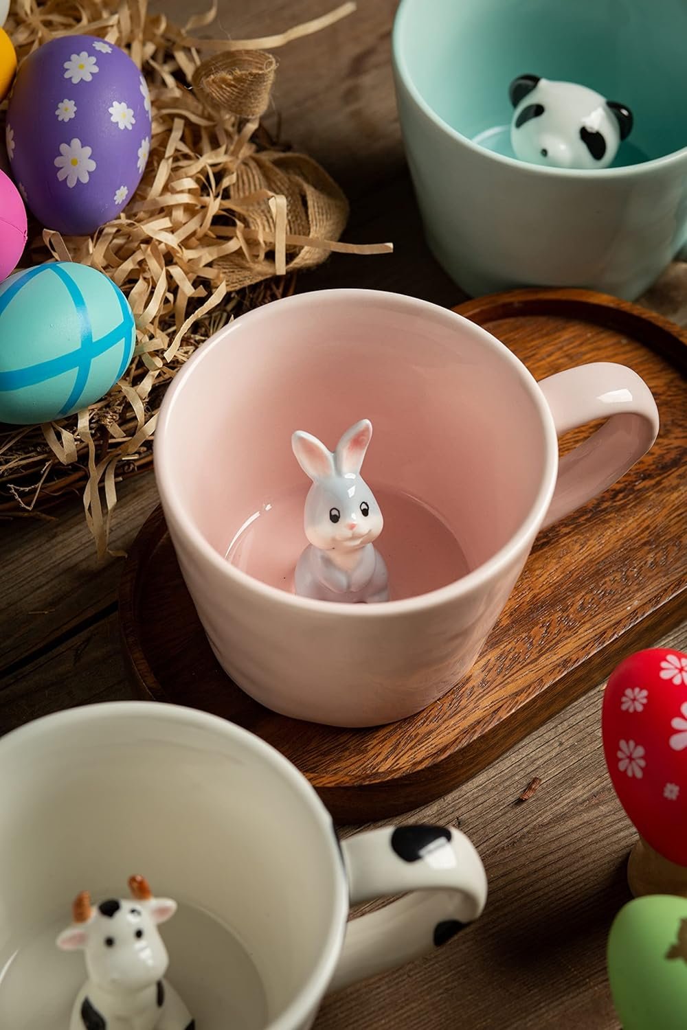 DIHOclub Rabbit Ceramic Cup Hidden 3D Animal Inside Mug,Cute Cartoon Bunny Handmade Figurine Mugs,Easter Gifts,12 OZ (Pink) - Image 6