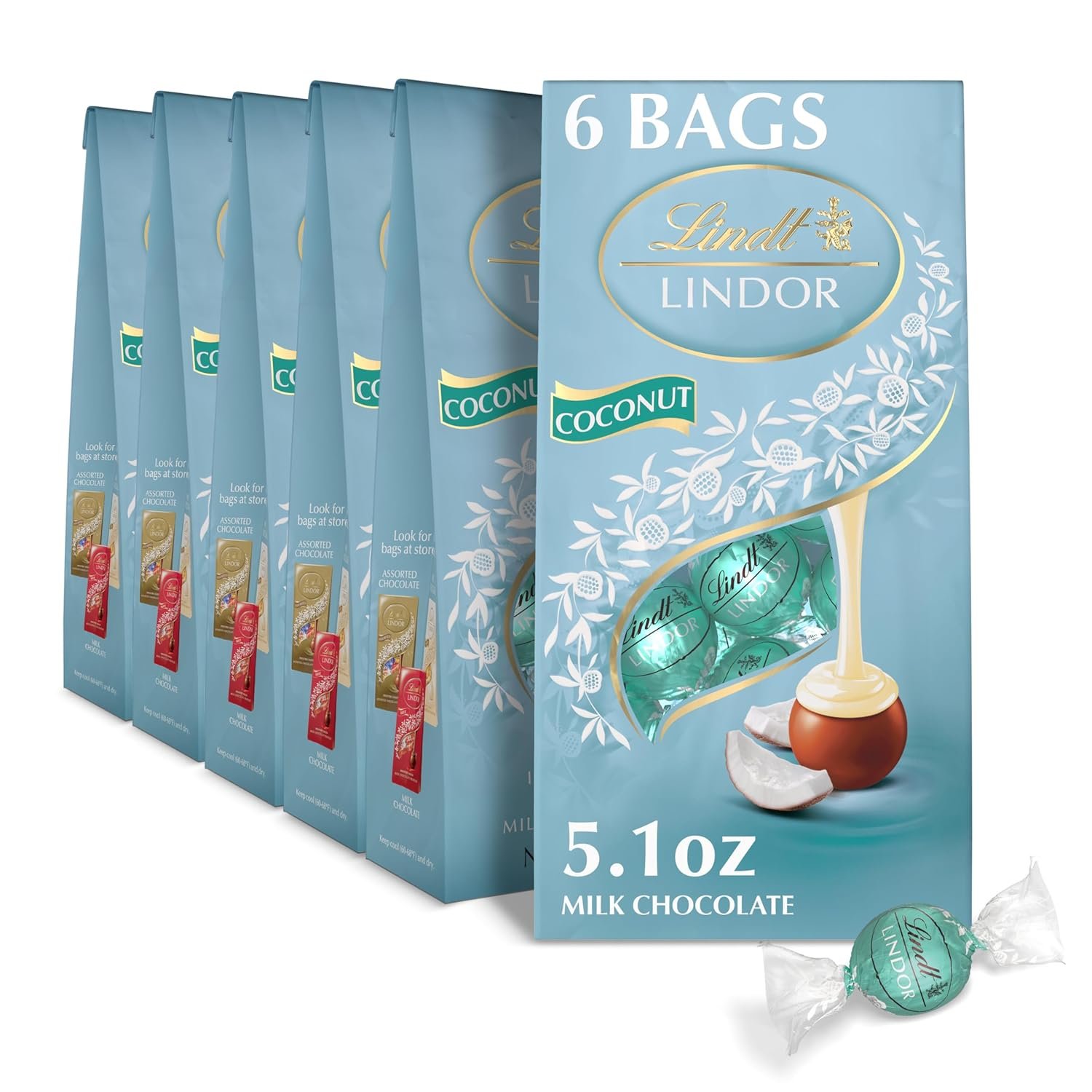 Lindt LINDOR Coconut Milk Chocolate Truffles, Milk Chocolate Candy with Smooth, Melting Truffle Center, Great for gift giving, 5.1 oz. Bag (6 Pack)