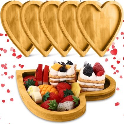 Suzile 6 Pcs Heart Shaped Cheese Board Charcuterie Plate Bamboo Serving Tray Dinner Plate Cake Board Reusable Dish Heart Shaped Platter for Snack Food Cake(8.5 x 8.5 Inch)