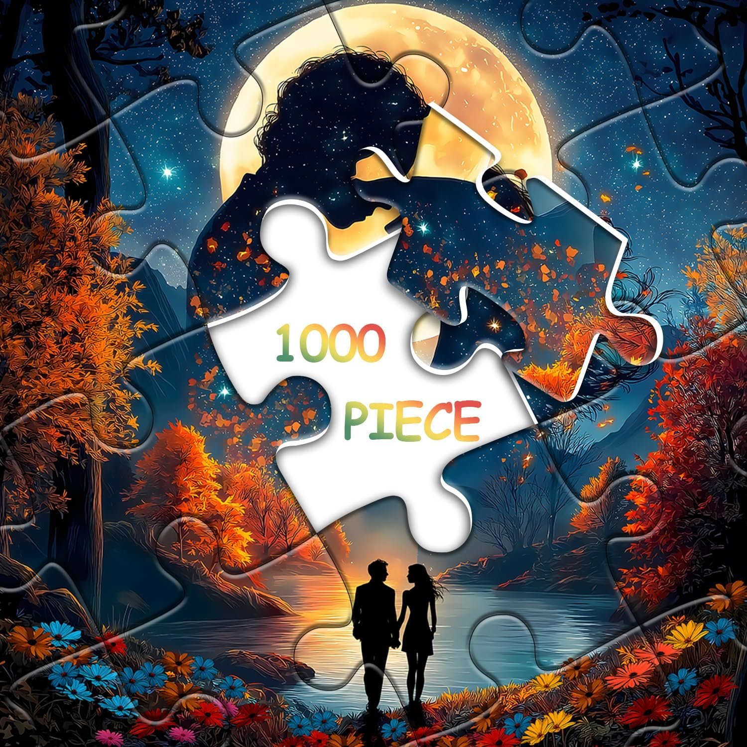 Romantic Couple Puzzles for Adults 1000 Pieces, Full Moon Night Landscape Jigsaw Puzzle with Autumn Scenery Love Themed, Nature Scenic Flower Tree Mountain Puzzle, Challenging for Adults - Image 8
