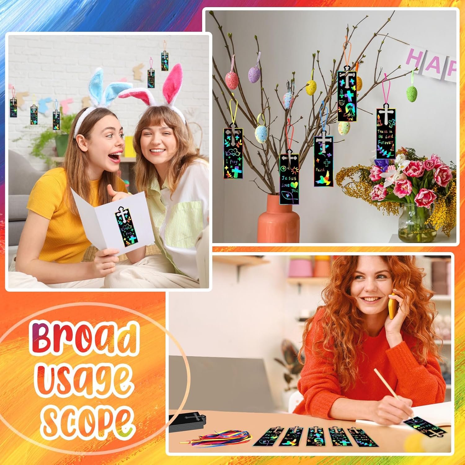 Eersida 100 Pcs Christian Cross Scratch Cards Cross Ornaments DIY Bookmarks Paper Cards Rainbow Color Craft Kit Scratch Off Paper Religious Party Favors Easter Baptism Birthday Gifts Church Decor - Image 5