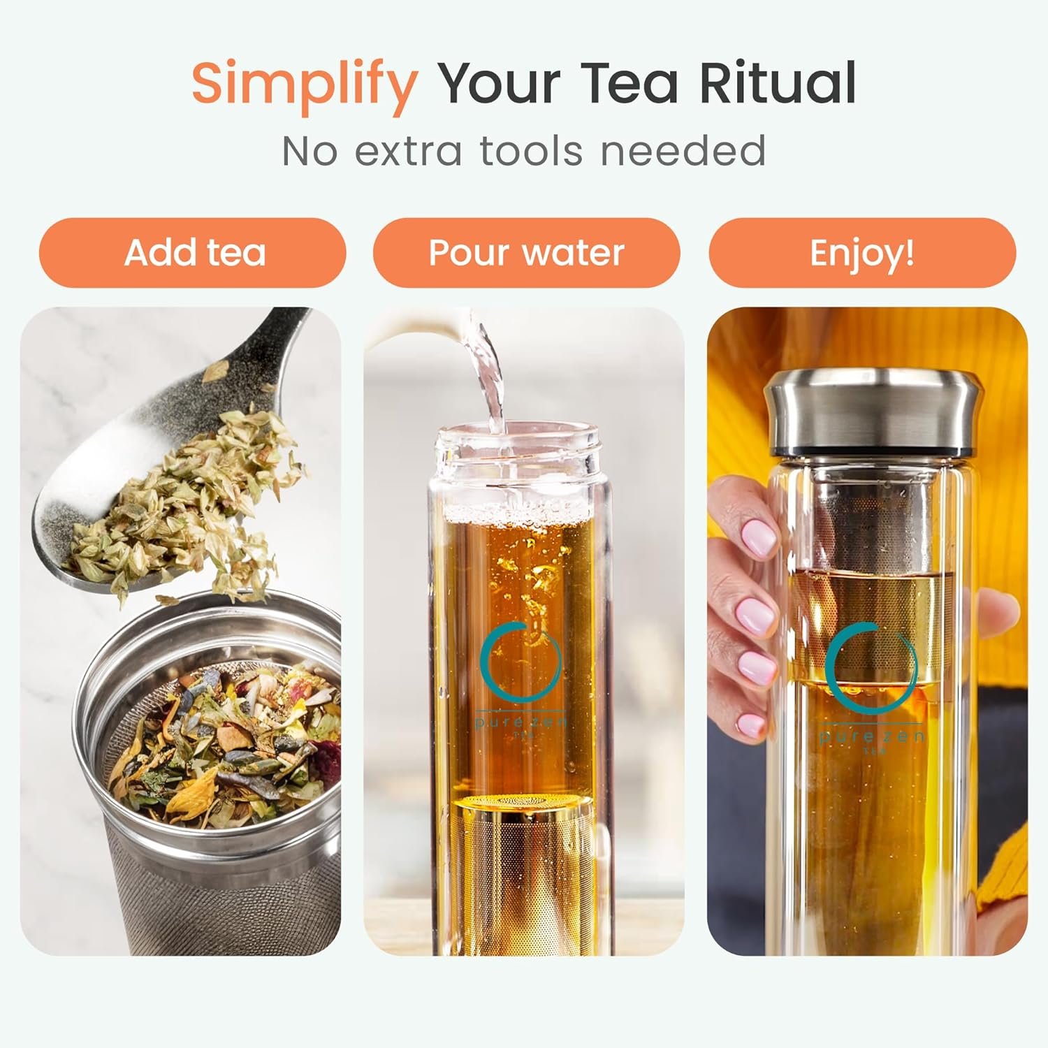 Pure Zen Tea Tumbler with Infuser - Double Wall Glass Travel Mug with Stainless Steel Filter - Leakproof Tea Infuser Bottle for Loose Leaf Infusions and Fruit Infused Water - Unique Gift Set - 13 oz - Image 3