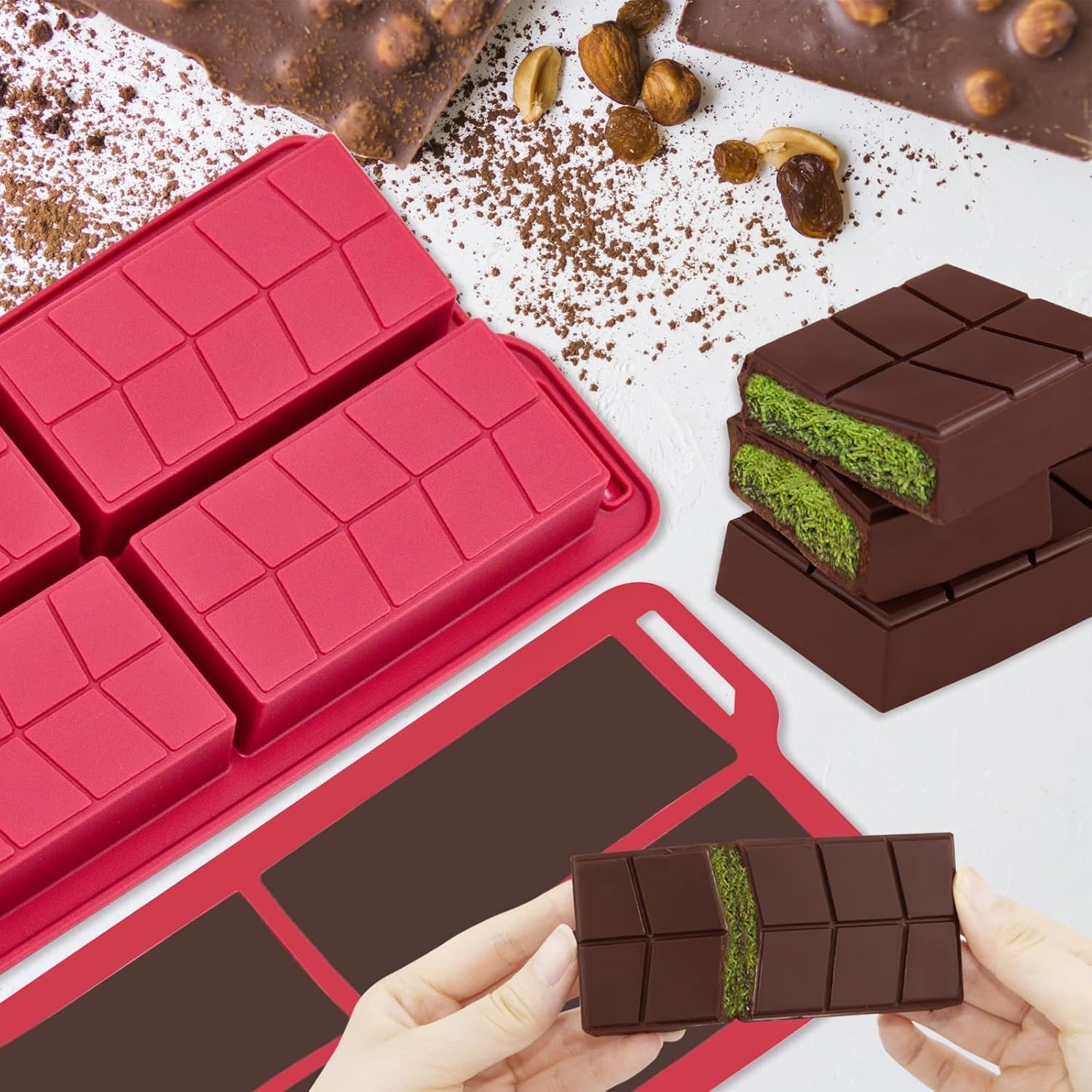 Chocolate Bar Mold 0.82inch Deep 2 Pack,Thick Dubai Stuffed Pistachio Silicone Molds Kit for Making Shapes Filling Candy Granola Bar and Pastry - Image 7