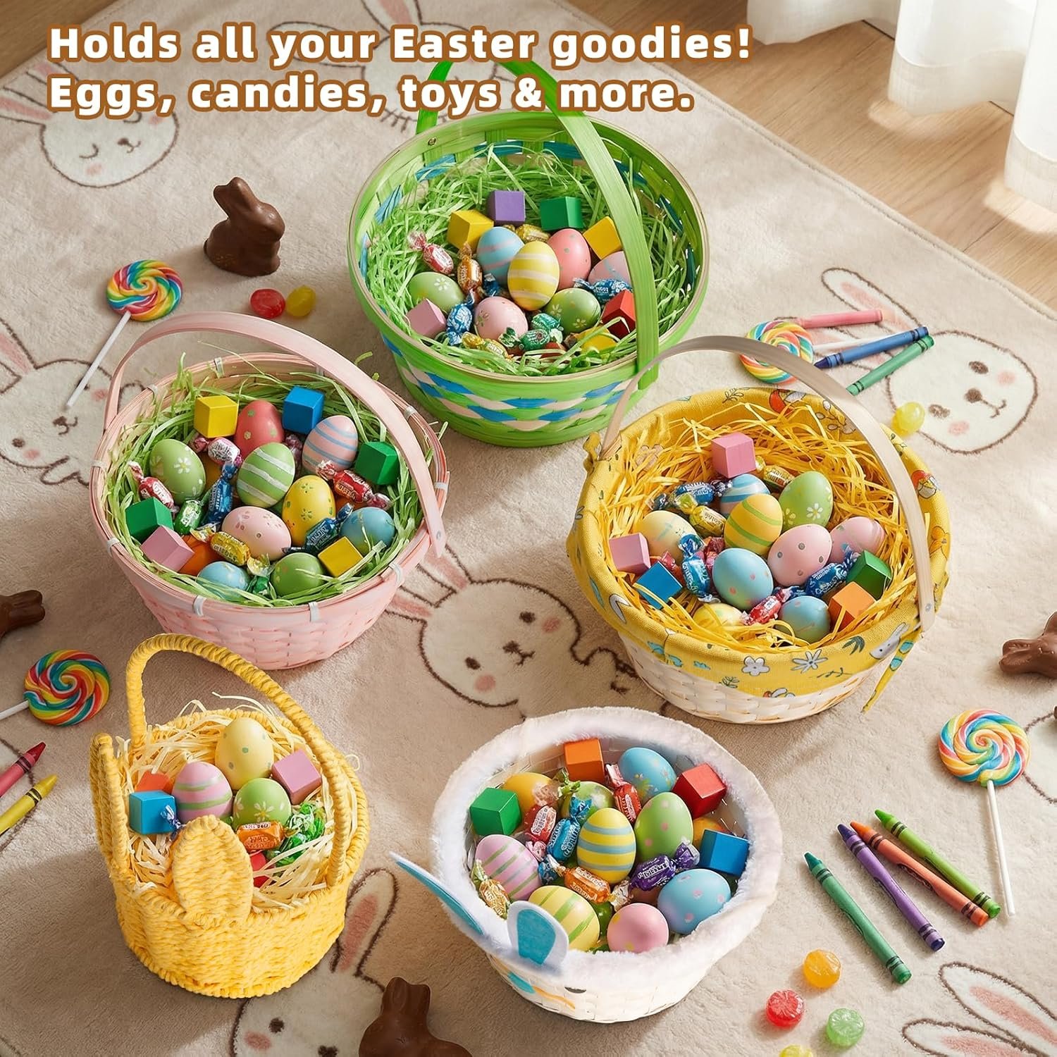 Lanpn Easter Baskets 3 Pcs Natural Bamboo Set with Easter Grass Fillers for Easter Egg Hunt Candy Picnic and Pastel Spring Decoration Woven Basket (Pink Blue Green) - Image 6