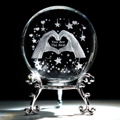 HDCRYSTALGIFTS 60mm 3D Laser Engraved Heart Hands Crystal Ball Paperweight Love Finger Valentines Figurines Gift for Women, Glass Decorative Ball Sphere for Shelf Living Room
