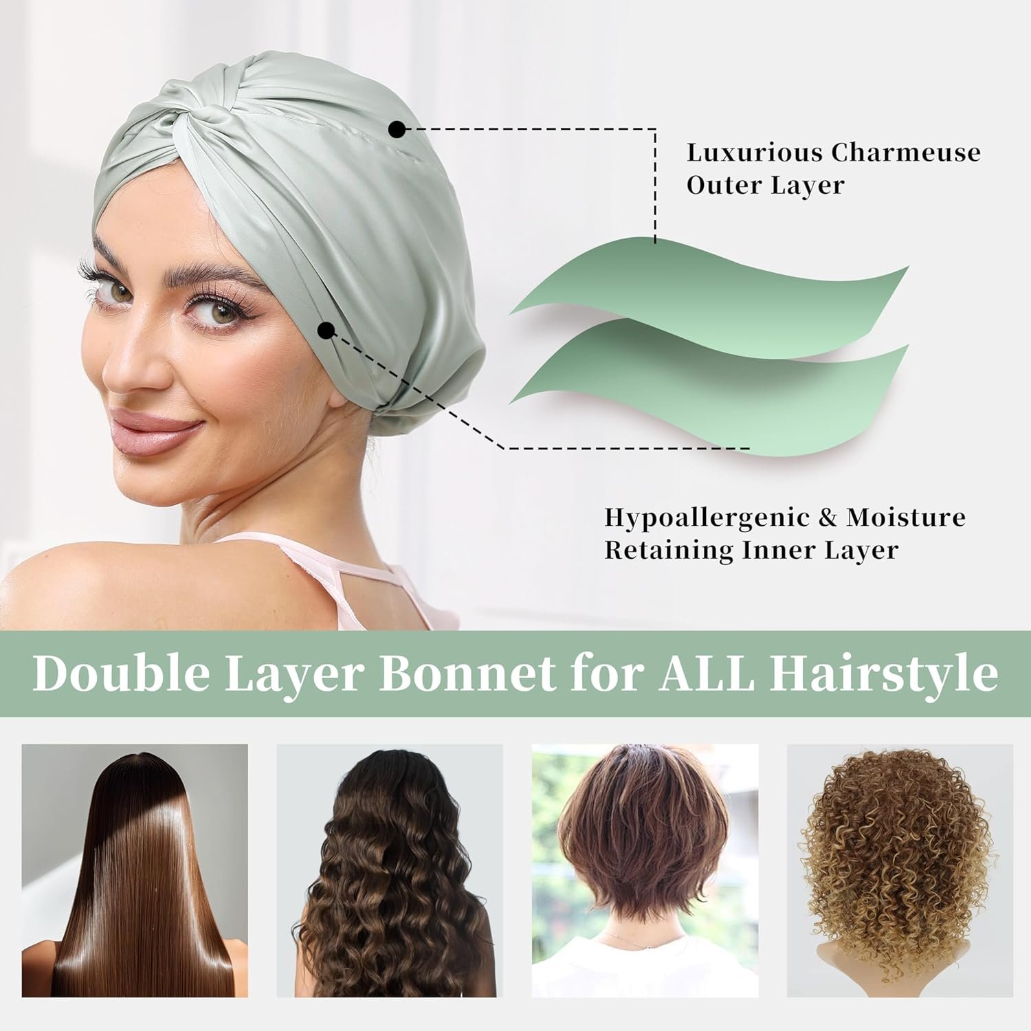 Adjustable Silk Satin Bonnet for Sleeping Hair Wrap, Double Layer Sleep Cap, Night Turban for Large Long Curly Braid Women Men Hair - Matcha Green - Image 5