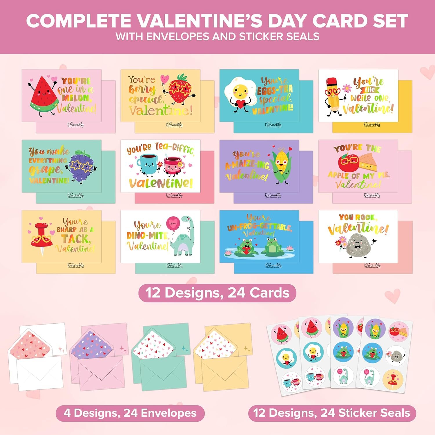 Decorably 24 Pack 6x4in Holographic Blank Valentines Day Cards with Envelopes and Stickers, 12 Funny Designs for Kids, Family, Friends & Loved Ones, Blank Inside - Hearts' Day, Gifting, Mailing - Image 2
