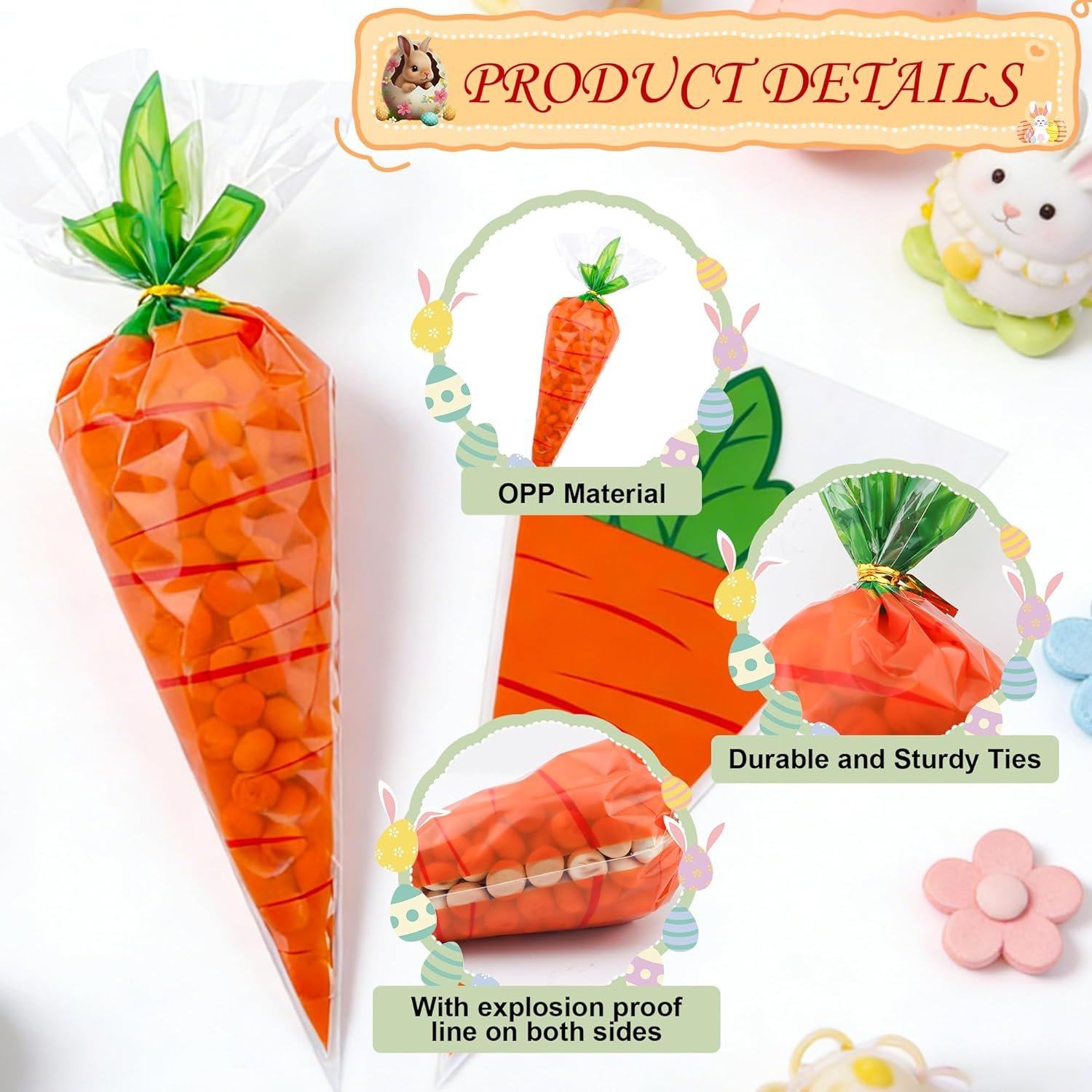 Easter Carrot Transparent Cone Cello Bags, Easter Treat Bags, Easter Goodie Bags, Cellophane Cone Shaped Candy Cookie Popcorn Snack Goody Bags with Twist Ties for Easter Party Favor Supplies, 50Pcs - Image 3