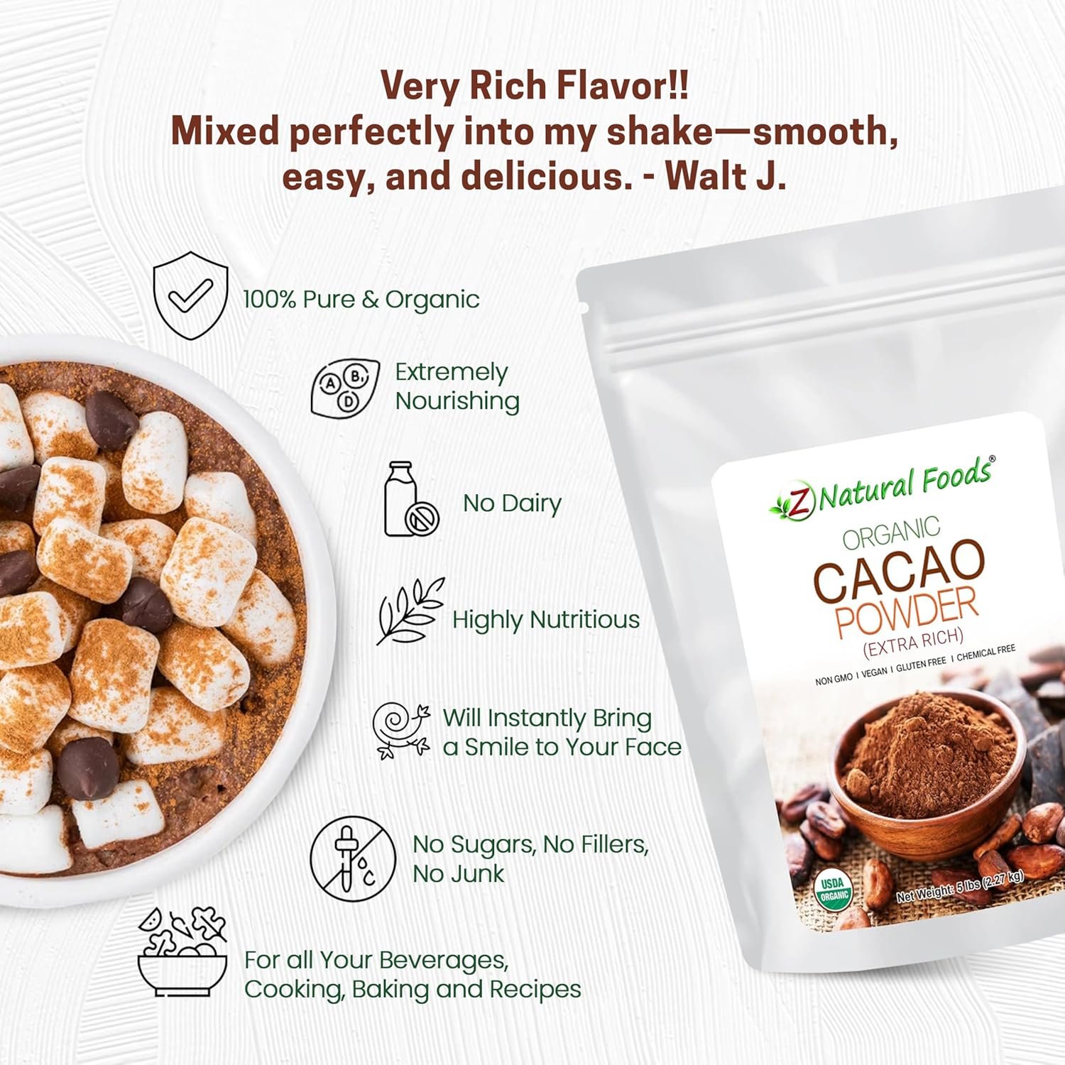 Z Natural Foods Organic Cacao Powder - Unsweetened Nutrient-Dense Superfood for Healthy Aging - Extra-Rich Dark Chocolate Flavor Perfect for Chocolate Recipes, Shakes or Smoothies, 5 lbs - Image 4