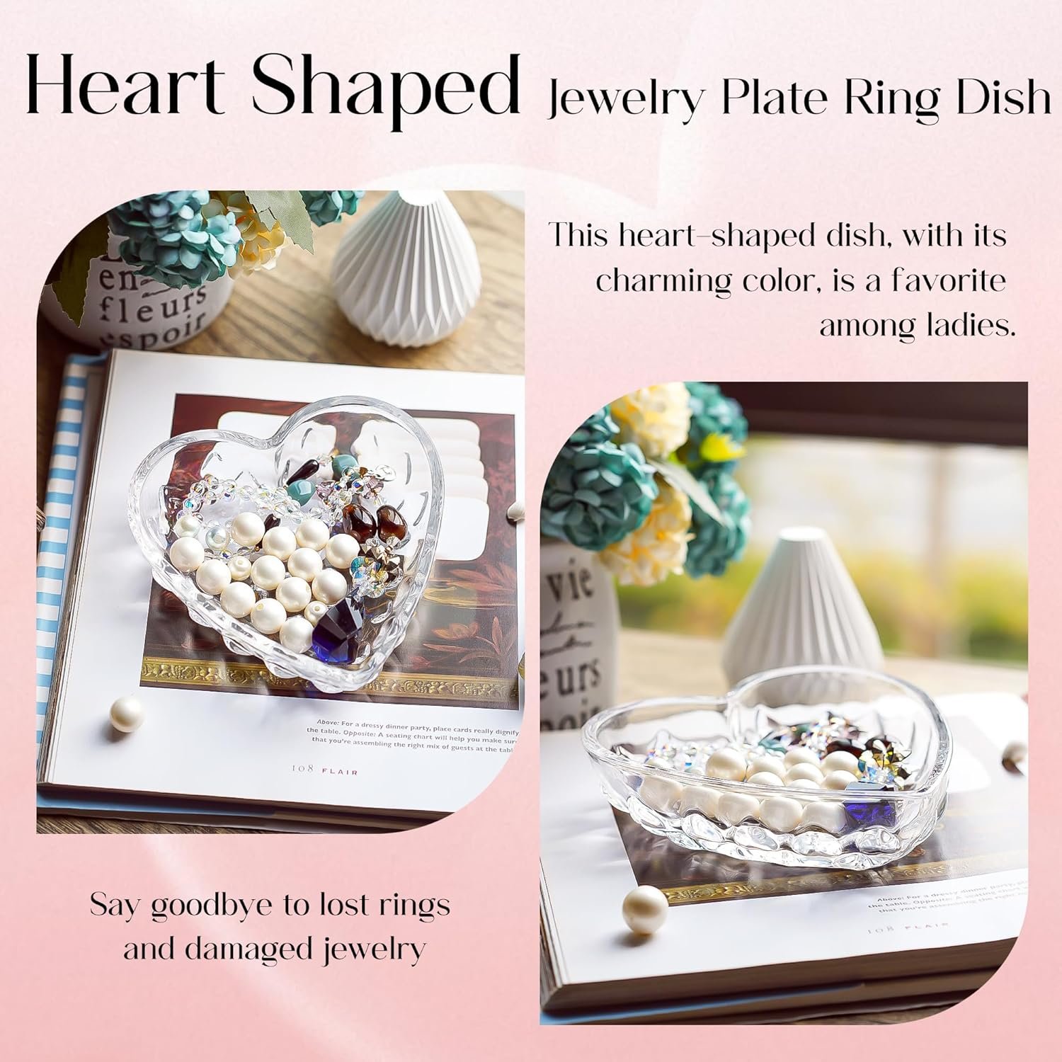 H&D HYALINE & DORA 5.1'' Crystal Jewelry Tray for Women, Heart Shaped Jewelry Plate Ring Dish, Clear Trinket Dish for Jewelry, Ring Dish for Birthday Friends Daily Family - Image 3