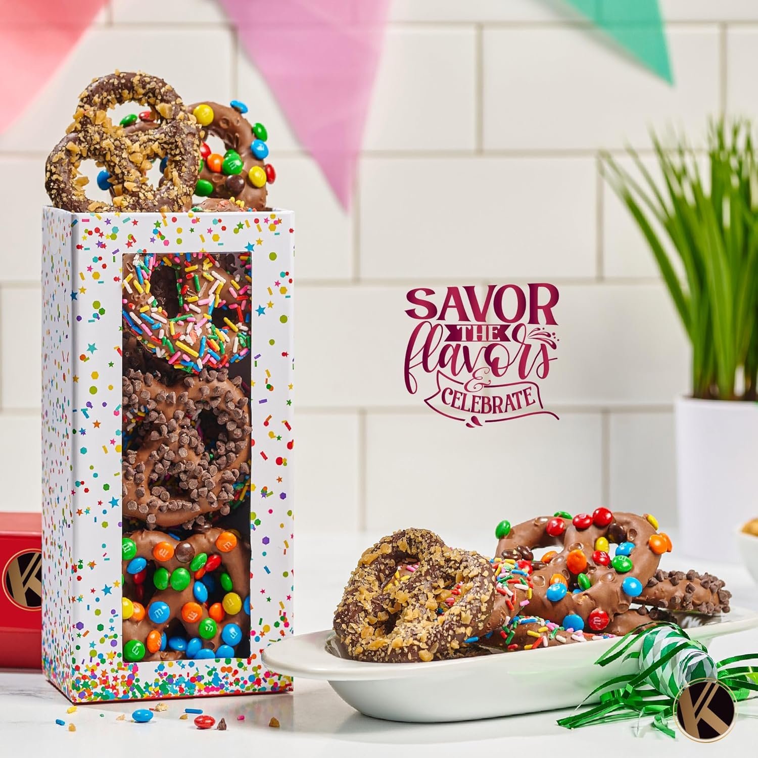 KREMERY Creamy Chocolate Cravings - Easter Chocolate Covered Pretzel Twists Gift Basket with Candied Toppings (12 Pretzels) Ramadan Gifts Sweet Treats in Confetti Tower Kosher - Image 6