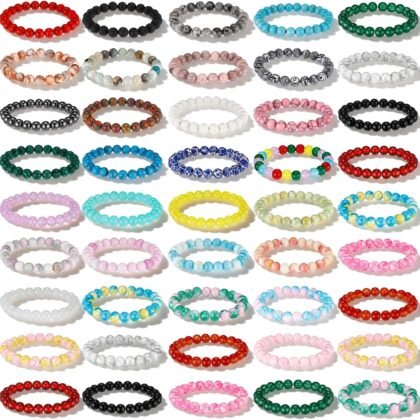 Landical 48 Pcs 8mm Round Beaded Bracelets for Women Men Semi Precious Gemstones Bracelets Crystal Stone Bracelet for Unisex